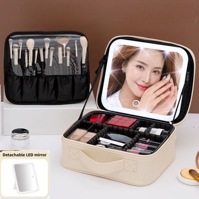 Beauty Makeup Case - กระเป๋าเครื่องสำอางผู้หญิงขนาดใหญ่ พร้อมไฟ LED ในตัว กระจกพกพา กล่องใส่เครื่องสำอางสำหรับเดินทาง