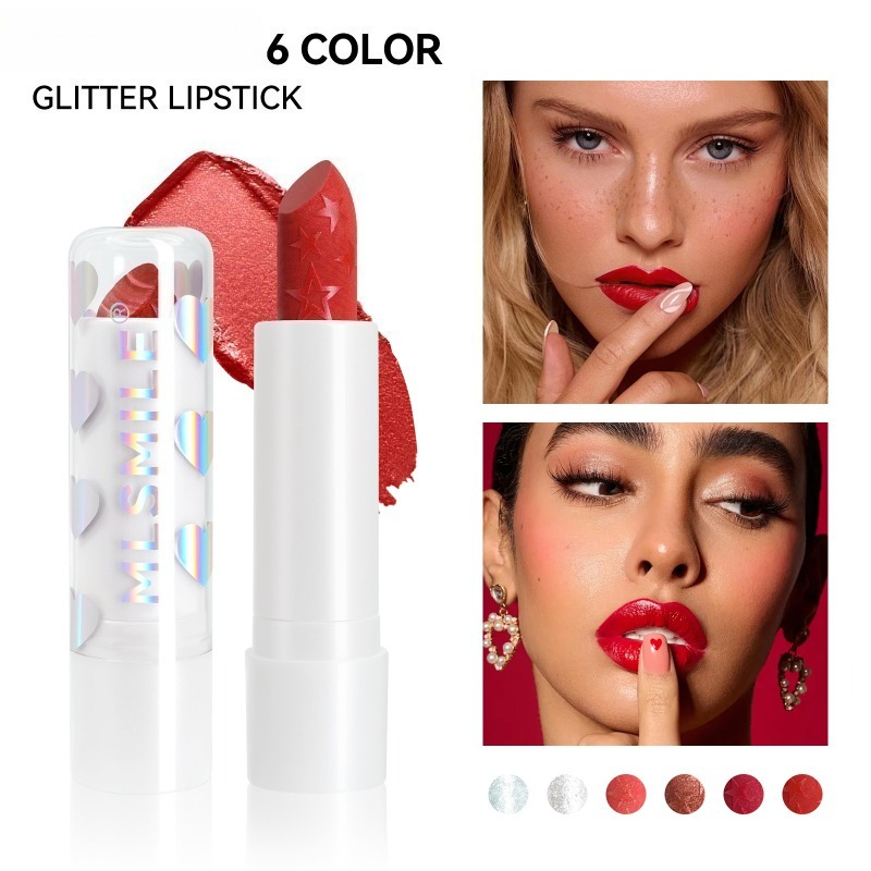 Beauty Makeup Stores - ลิปสติกกลิตเตอร์สตาร์รี่ ลิปสติกเนื้อแมทติดทนนาน ลิปสติกให้ความชุ่มชื้นพร้อมเอฟเฟกต์ประกายระยิบระยับสำหรับการแต่งหน้าดูแลริมฝีปากของผู้หญิง