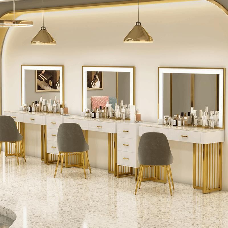 Beauty And Makeup Studio - โต๊ะเครื่องแป้งสำหรับร้านค้ามืออาชีพ สไตล์หรูหราพร้อมโคมไฟ โต๊ะเครื่องแป้งหินอ่อนสำหรับร้านแต่งงาน ร้านเสริมสวย