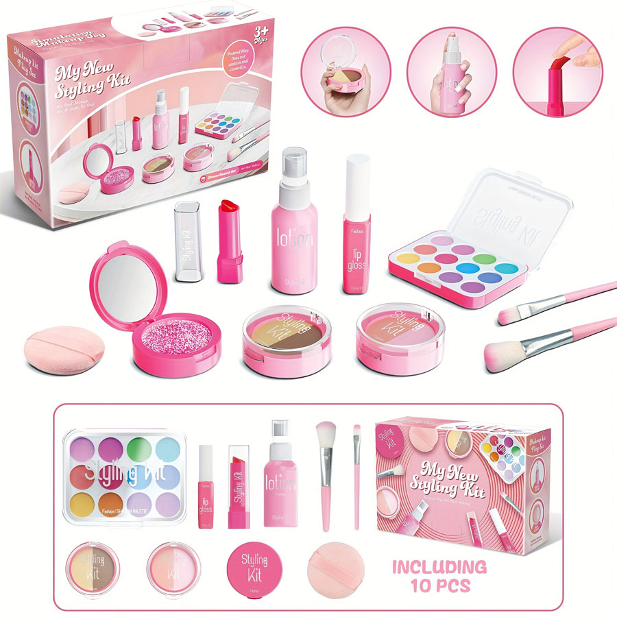 Beauty Y Makeup - ชุดของเล่นแต่งหน้าสําหรับเด็กชุดกล่องแต่งหน้าความงามจําลองไม่มีรอยเปื้อนไม่มีของเหลว 10 ชิ้นชุดปลอดสารพิษ (ไม่แต่งหน้าจริง)