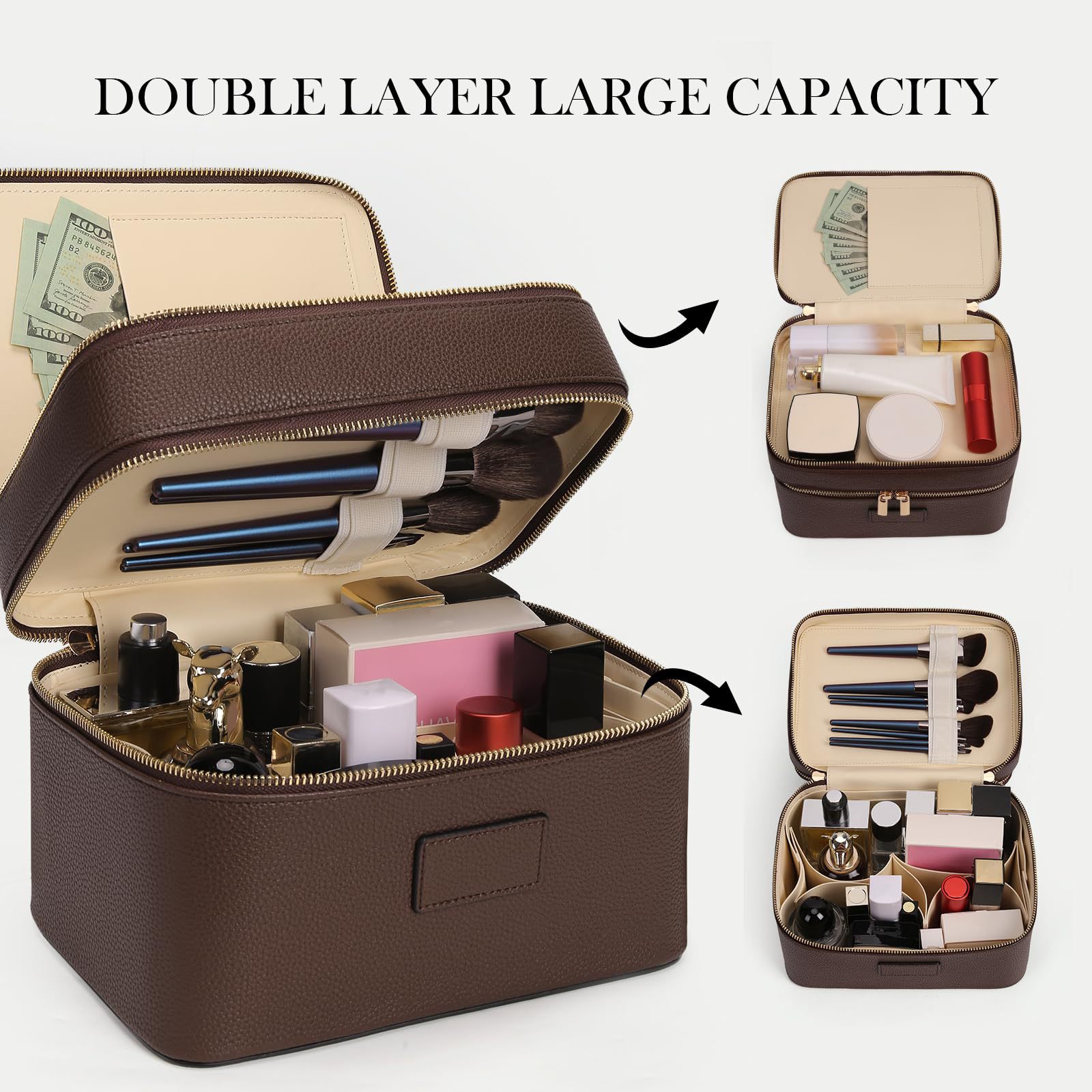 Beauty Makeup Case - กระเป๋าเครื่องสำอางค์สองชั้นขนาดใหญ่ ดีไซน์หรูหรา สำหรับเดินทาง พร้อมหูหิ้ว พกพาสะดวก ทำจากหนัง