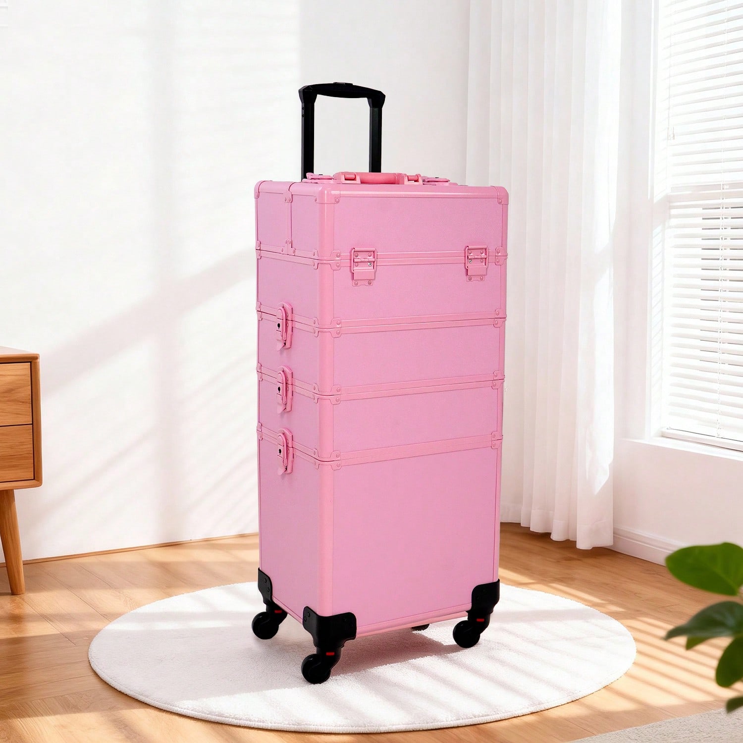Beauty Makeup Case - กระเป๋าแต่งหน้าแบบมีล้อ 4 in 1 พร้อมฝาปิดและกุญแจล็อค, กระเป๋าเครื่องสำอางขนาดใหญ่สำหรับมืออาชีพ,