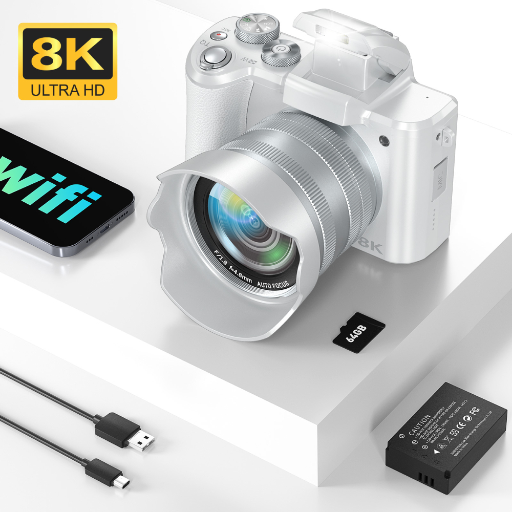 Beauty Makeup Camera - กล้องดิจิตอล 8K สําหรับการถ่ายภาพ, กล้อง Vlogging เลนส์คู่ด้านหน้าและด้านหลัง,