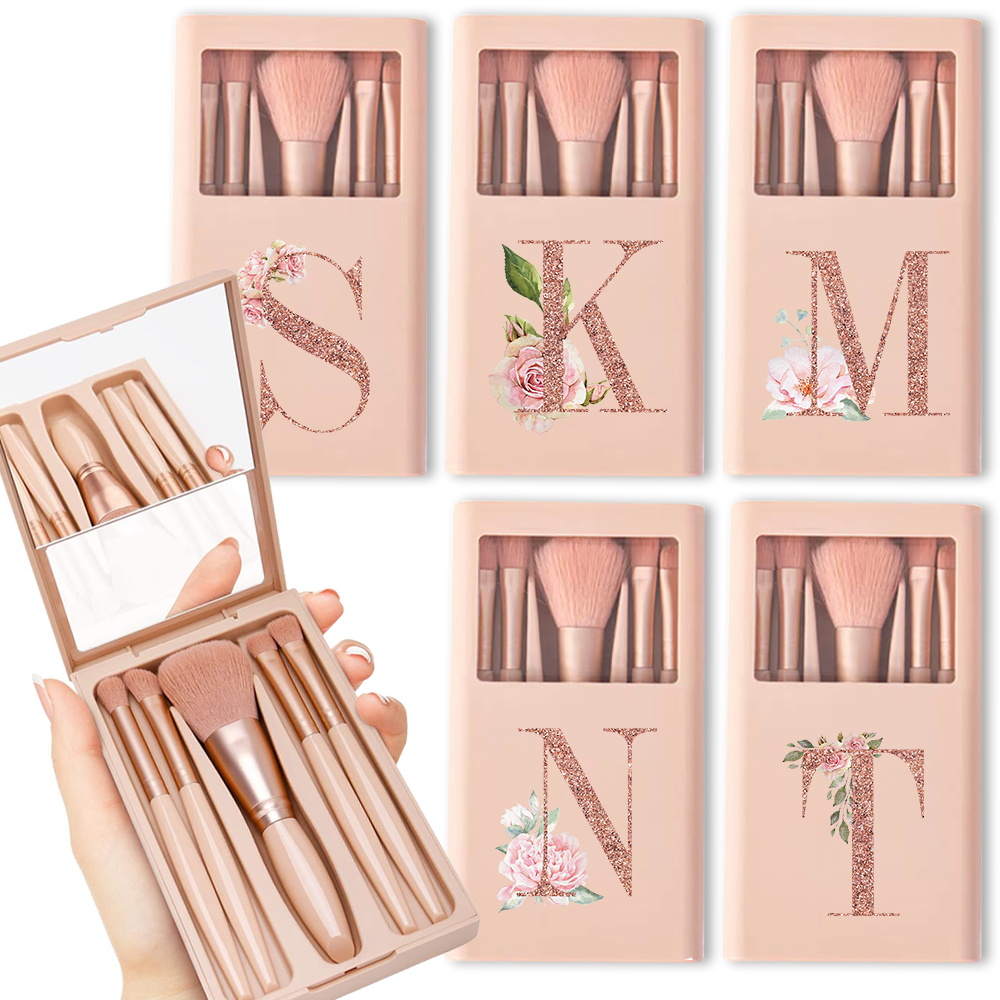 Beauty Makeup Background - ชุดแปรงเครื่องสําอาง 5 ชิ้นพร้อมกระจกและกล่องพับได้ชุดแปรงแต่งหน้าเครื่องมือความงามแบบพกพารูปแบบตัวอักษร Rose Gold