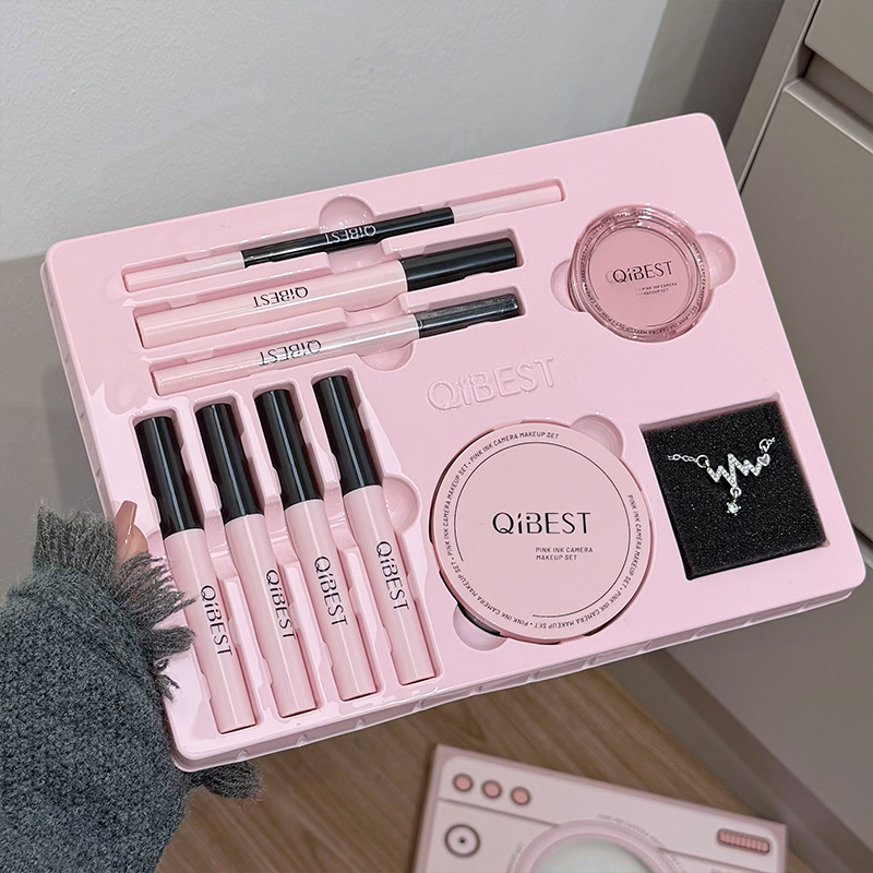 Beauty Makeup Camera - ชุดเครื่องสำอาง QIBEST สีชมพู ประกอบด้วย ลิปสติก แป้งอัดแข็ง